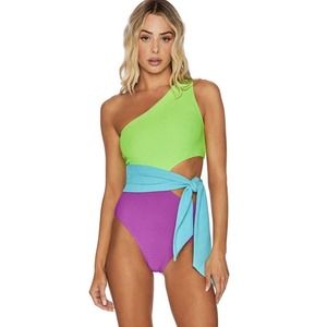 Beach Riot Carlie Color Block One Shoulder Cut Out 1pc Swimsuit Cool Combo Sz S